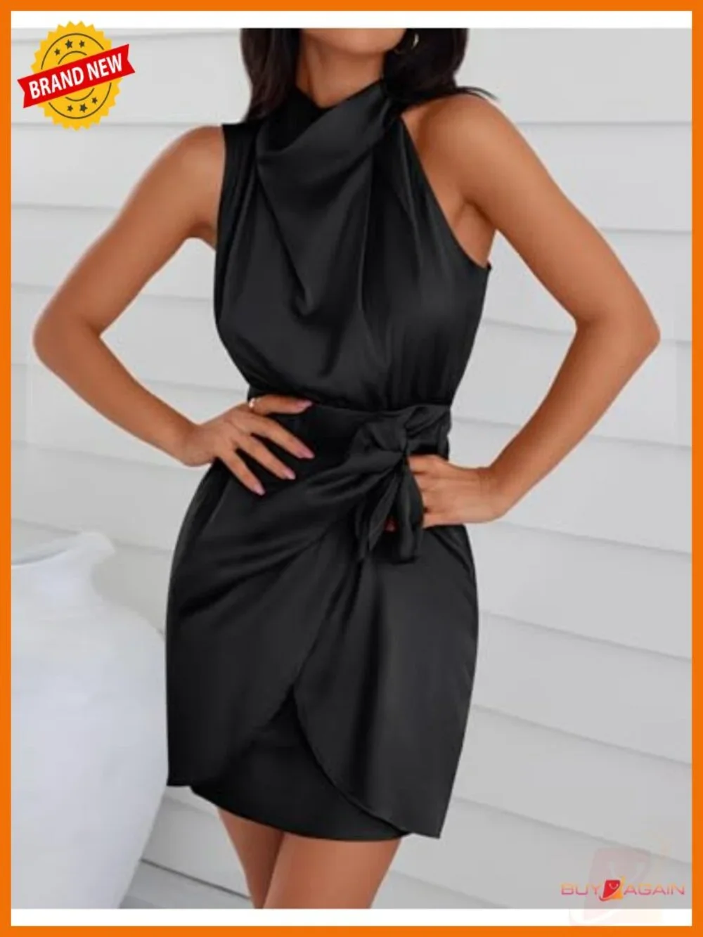 Satin Sleeveless Halter Wrap Bodycon Mini Dress Tie Waist Club Night Out